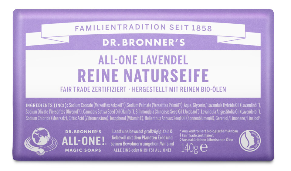 ALL-ONE Savon naturel pur Lavande - Dr. Bronner's Suisse. Naturel, végétalien, barre de savon