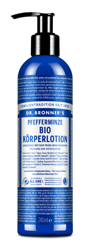La lotion corporelle bio Dr.Bronner's est issue de l'agriculture biologique contrôlée, certifiée commerce équitable et composée d'huiles essentielles naturelles.